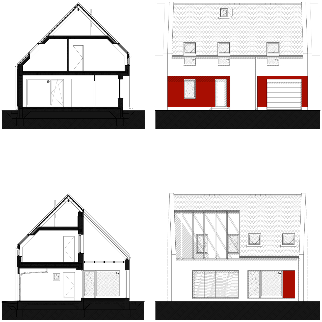 tervezett metszetek és homlokzatok - 4 szobás-patiós változat