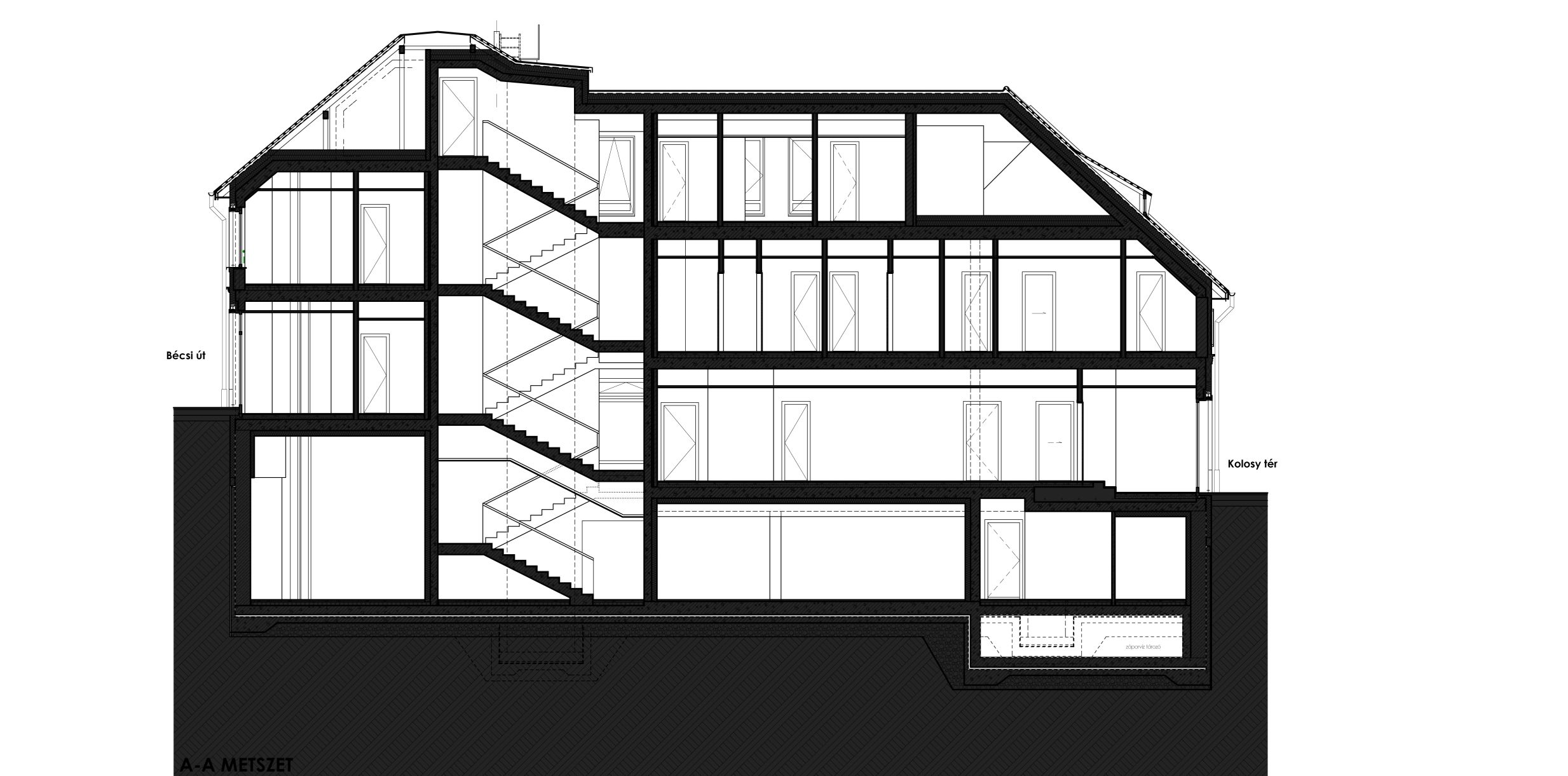 hosszmetszet az épületen keresztül, ami mutatja a két csatlakozó utcaszint magassági különbségét és az azt lekövető félszint eltolást az épületen belül