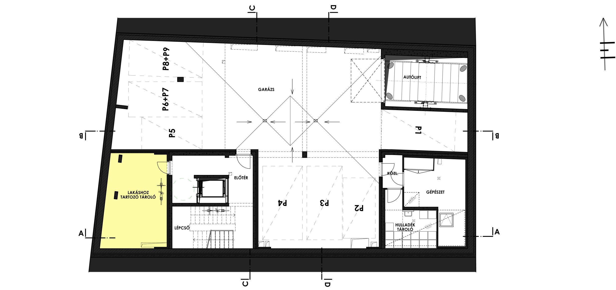 pinceszinti alaprajz - a tervezett parkolóállásokkal, gépészeti terekkel, autólifttel