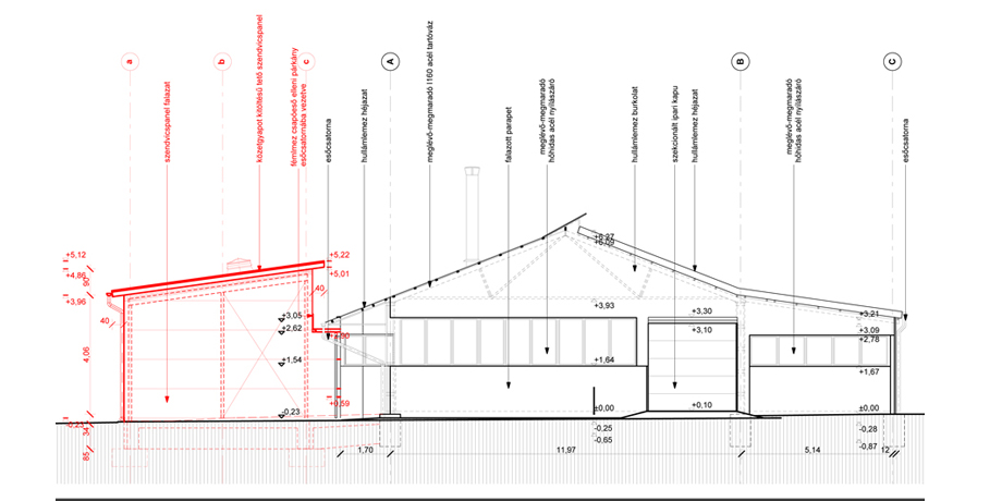 a meglévő üzemépület mellé tervezett bővítés metszete