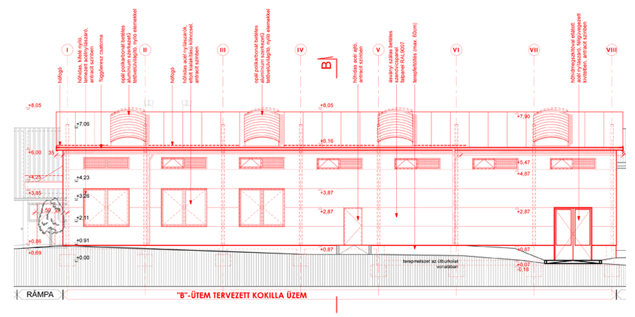 a meglévő üzemépület mellé tervezett bővítés homlokzata